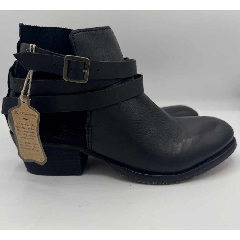 H By Hudson Horrigan Black Leather Ankle Booties Wrap Strap Buckle Women's NWT 7
